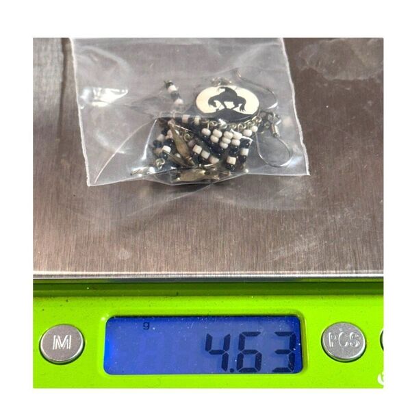 Vintage End Of The Trail Silver & Black Beaded Earrings Silhouette Dangling Drop - Picture 6 of 6